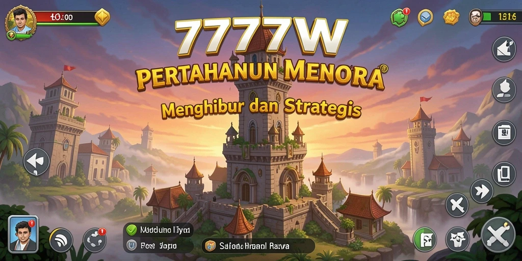Screenshot utama 7777W menampilkan aksi pertahanan menara yang seru.