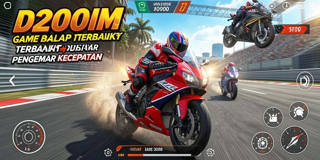 Screenshot gameplay D200M menunjukkan aksi balap motor yang mendebarkan.