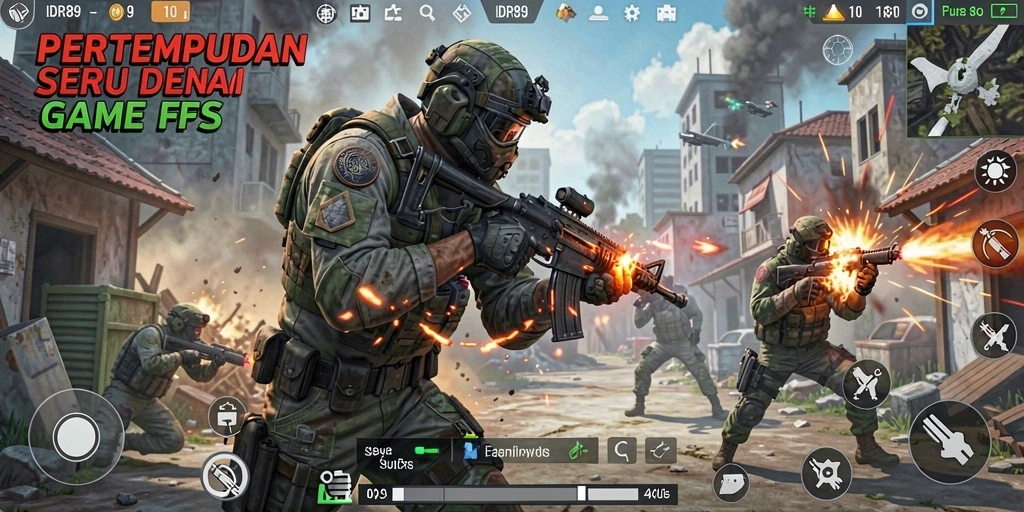 Tangkapan layar utama menampilkan aksi intens dalam game FPS.