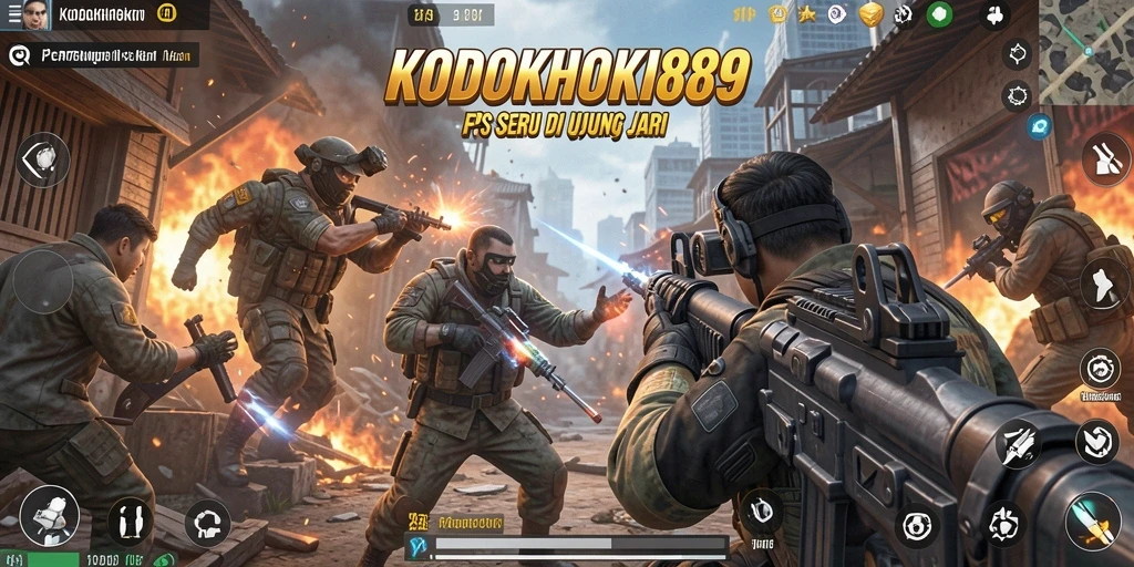 Screenshot gameplay intens dari KODOKHOKI889 yang menunjukkan aksi tembak-menembak.