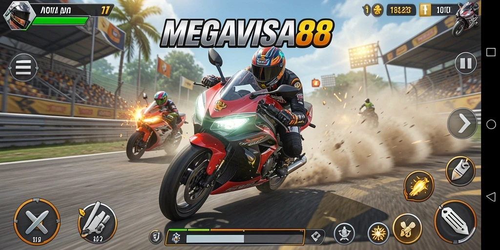 Tampilan gameplay yang mendebarkan dalam MEGAVISA88 saat beraksi di trek balapan.