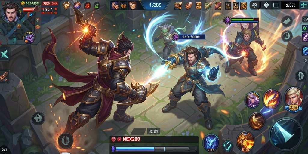 Tampilan aksi pertarungan seru dalam NEX288, game MOBA yang menegangkan.