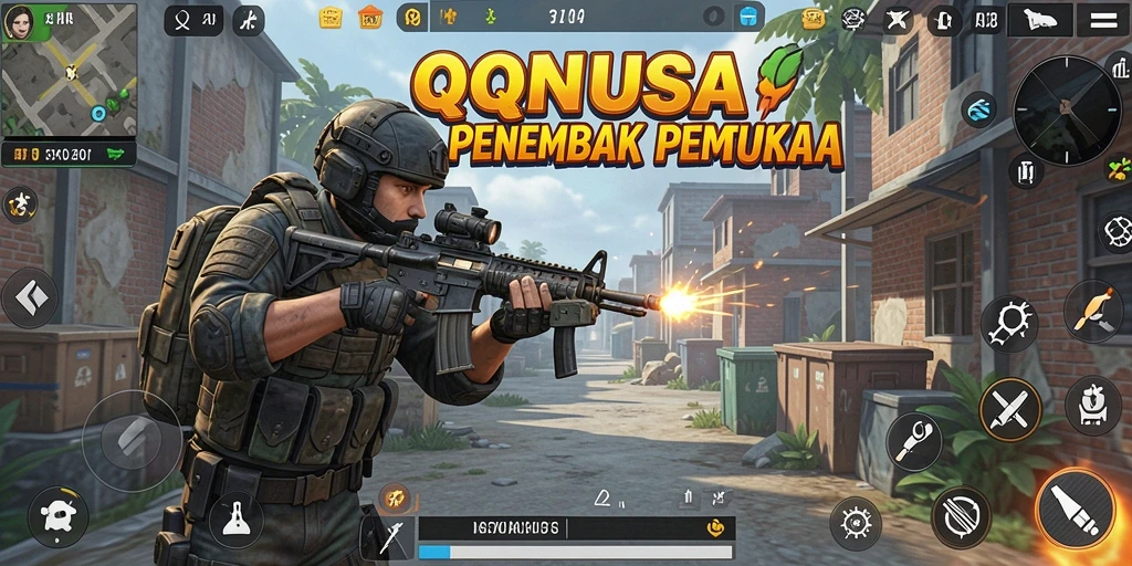 Screenshot gameplay yang menunjukkan aksi menembak intens di QQNUSA.