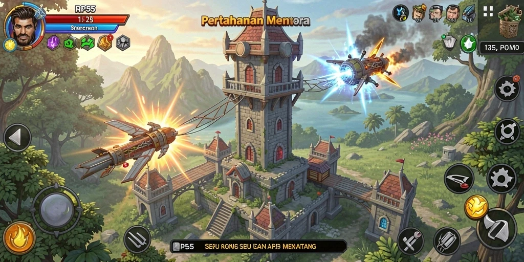 Screenshot menampilkan strategi menara dalam action di RP55.