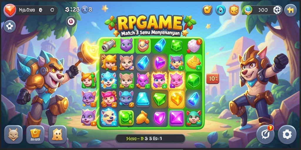 Gameplay RPGAME dengan objek berwarna dan tantangan Match-3.