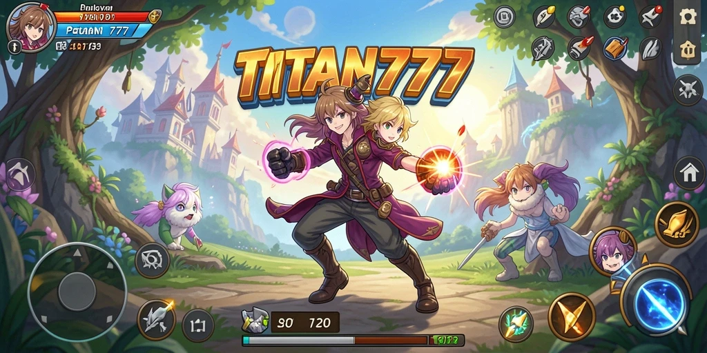 Tampilan gameplay menakjubkan dari TITAN777 dengan karakter anime.