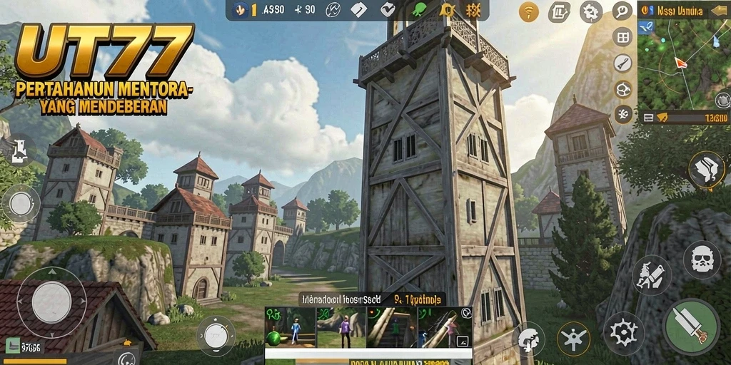 Screenshot UT77 menampilkan aksi menara pertahanan melawan gelombang musuh.