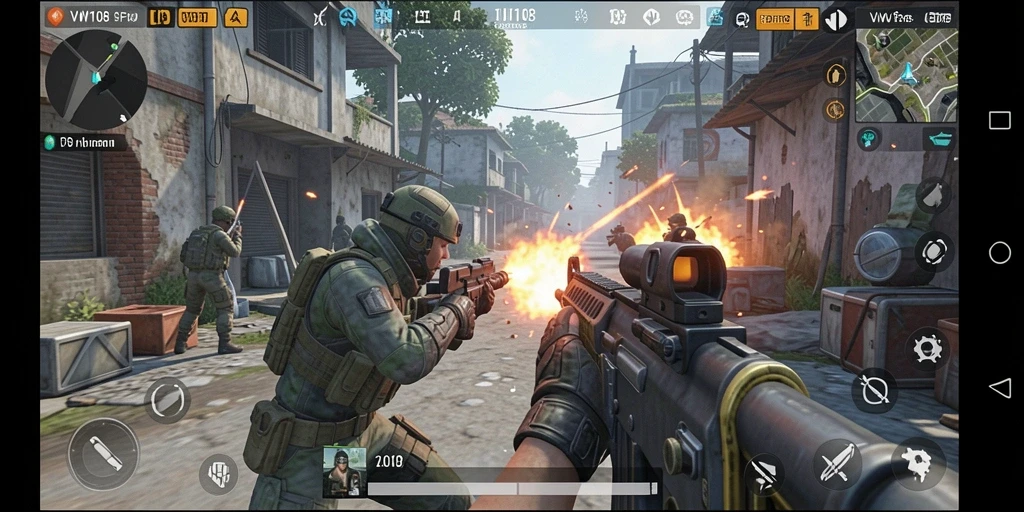 Screenshot gameplay VW108 menampilkan aksi tembak-menembak yang intens.